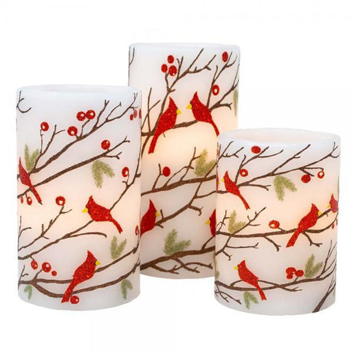 3 Pc Cardinals and Greenery LED Candle Set