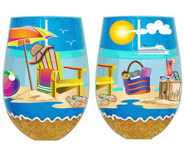 beach wine glass painting Beachy Fun Bottom's Up Stemless Wine Glass
