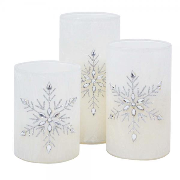 Mark Feldstein & Associates Jeweled Snowflake Iced Glass Flameless Pillar Candles Assorted Set of 3