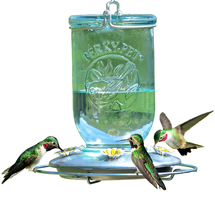 Antique Wide Blue Glass Hummingbird Feeder