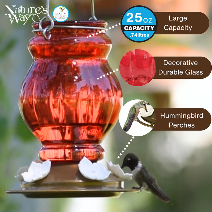 RUBY VISIONS ANTIQUE GLASS HUMMINGBIRD FEEDER