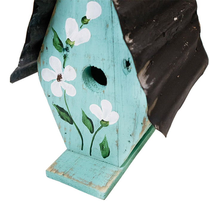 A Frame Birdhouse with Handpainted Flowers & Metal Roof  - Turquoise w/White Flowers