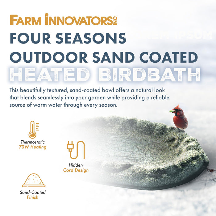 Farm Innovators Heated Bird Bath, Four Seasons Outdoor Decor Shallow Bath Tray for Birds - Backyard & Garden Birdbath with Sand Coated Design