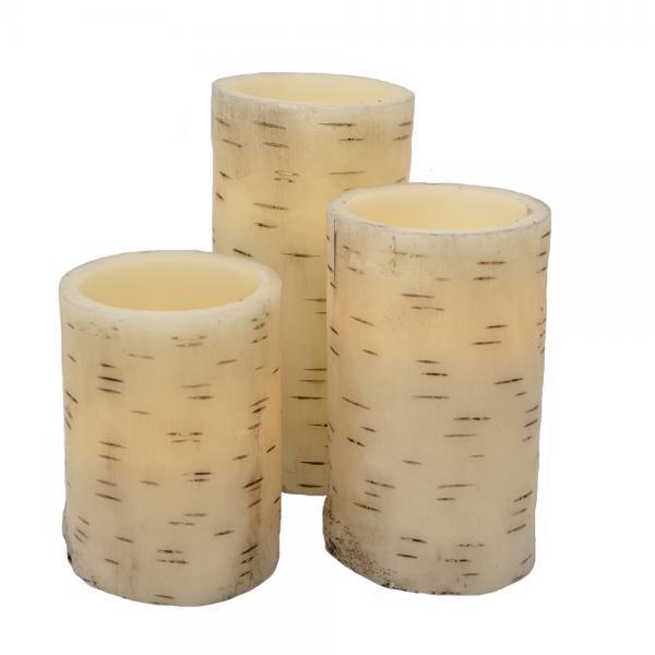 Flameless LED Pillar Golden Birch 3 PC Set with Timer