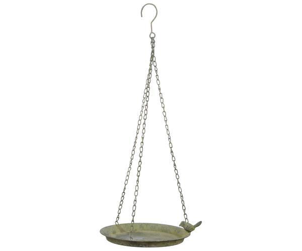 Aged Metal Hanging Bird Bath with Bird Green