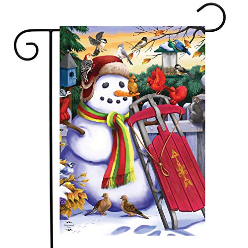 Snowman and Sled Garden Flag
