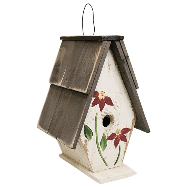A Frame Birdhouse with Handpainted Flowers & Wood Roof  - White w/Dark Pink Flowers