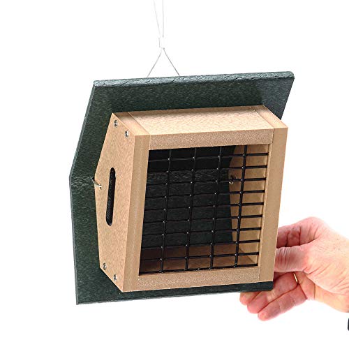 Birds Choice SNUD Recycled Cake Upside Down Suet Feeder, Seed Block Feeder, 1 Suet Cake, 7"L X 6-1/4"W X 4-1/4"H , Taupe w/ Green Roof