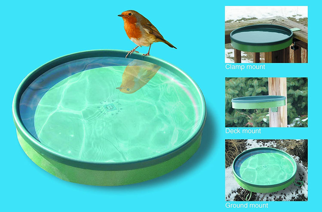 Farm Innovators Heated Bird Bath, 1 Quart Capacity, Outdoor Decor Shallow Bath Tray for Birds - Birdbath with Deck, Clamp, and Ground Mount Options