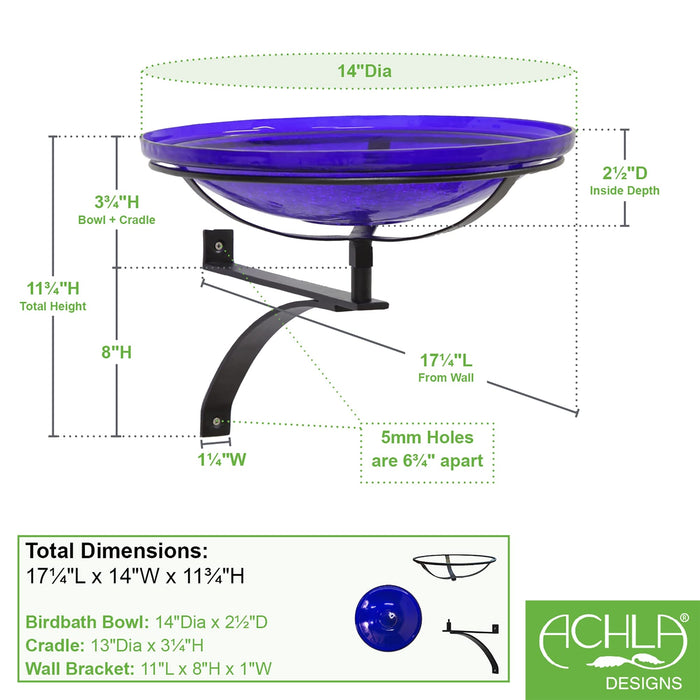 Achla Designs 14" Cobalt Blue Crackle Birdbath- Wall Mount Bracket