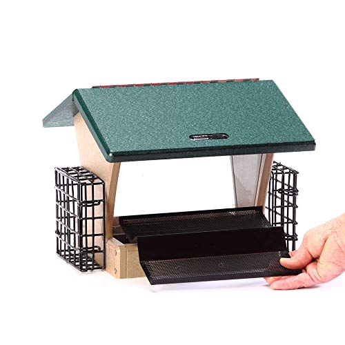 Birds Choice SN200-S Two-Sided Hopper Feeder, Recycled Bird Feeder w/ Two Suet Cages, Medium, Taupe/Green