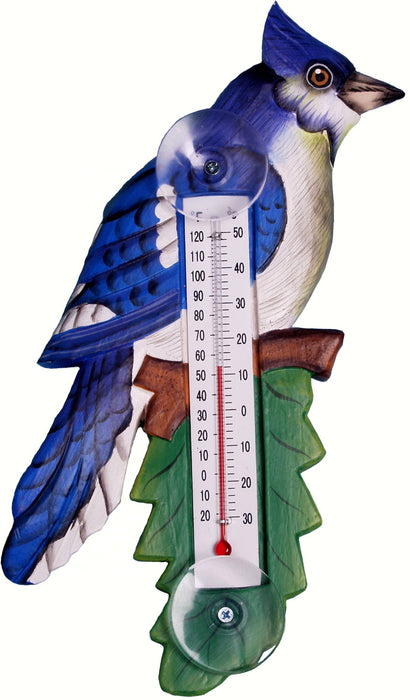 Bobbo from Songbird Essentials Blue Jay on Branch Small Window Thermometer