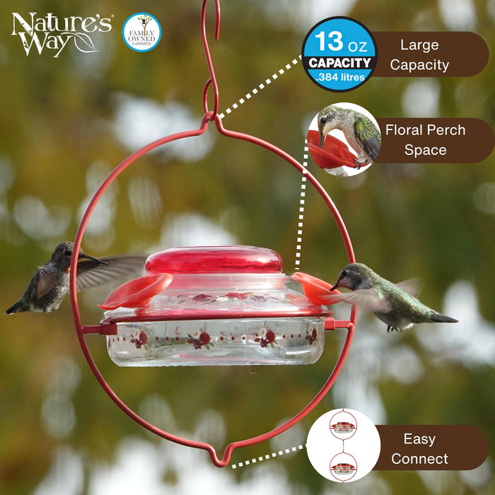 Nature's Way Bird Products Decorative Glass Top-Fill Hummingbird Feeder - Crimson Corsage (DTHF1)
