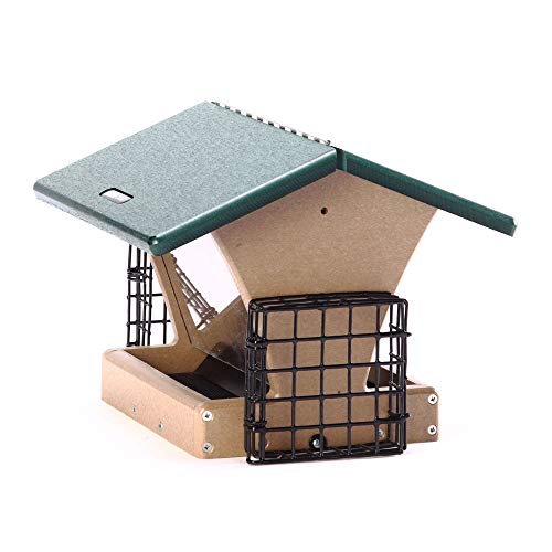 Birds Choice SN200-S Two-Sided Hopper Feeder, Recycled Bird Feeder w/ Two Suet Cages, Medium, Taupe/Green