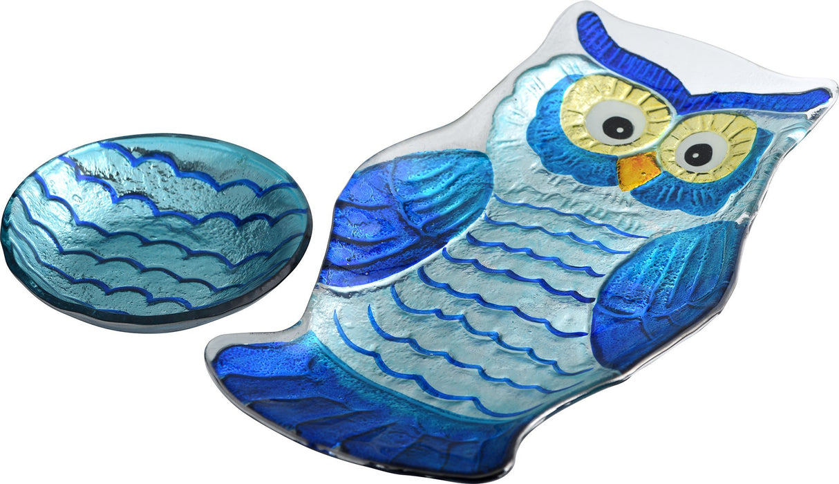 LS Arts Glass Owl 2 Piece Chip 'N Dip Platter