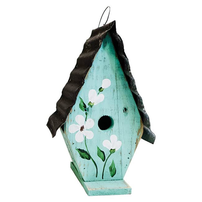 A Frame Birdhouse with Handpainted Flowers & Metal Roof  - Turquoise w/White Flowers