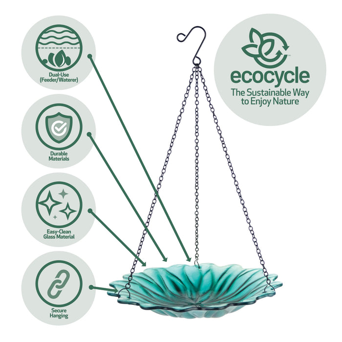 ECOCYCLE TURQUOISE DAHLIA HANGING BIRD BATH/FEEDER