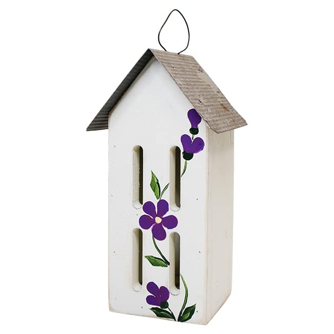 Butterfly House with Handpainted Flowers & Metal Roof - White w/Purple Flowers