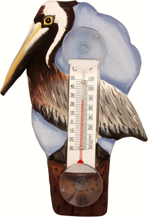 Bobbo from Songbird Essentials Brown Pelican on Pier Small Window Thermometer