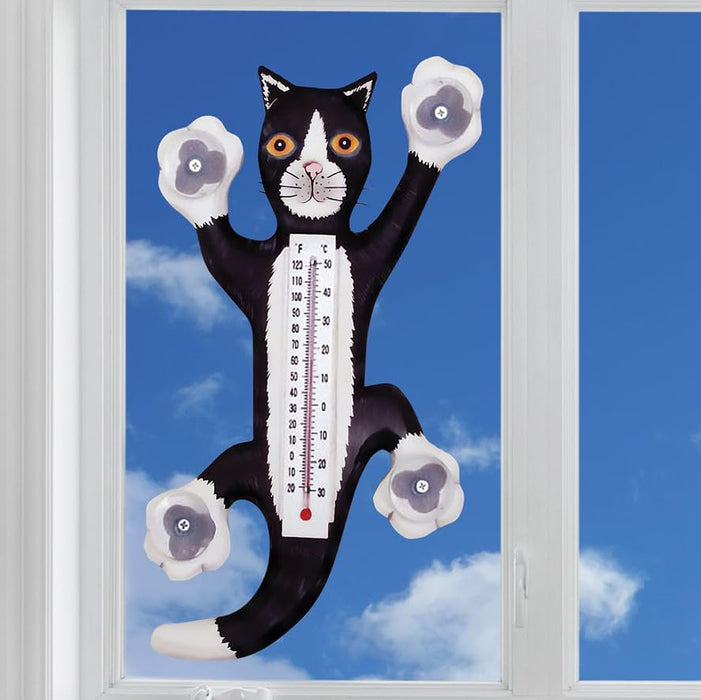 Bobbo from Songbird Essentials Climbing Black & White Cat Small Window Thermometer