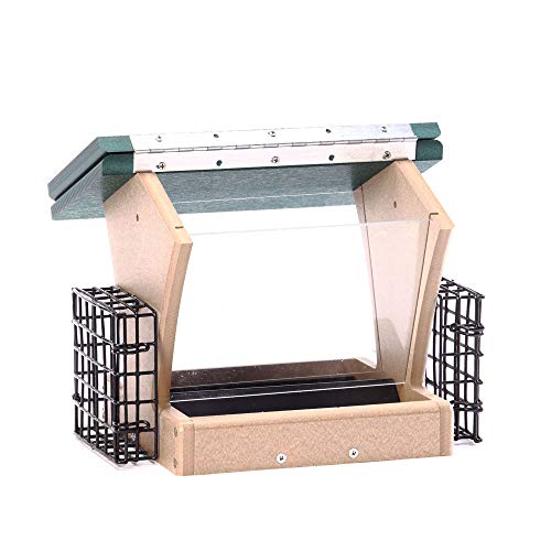 Birds Choice SN200-S Two-Sided Hopper Feeder, Recycled Bird Feeder w/ Two Suet Cages, Medium, Taupe/Green
