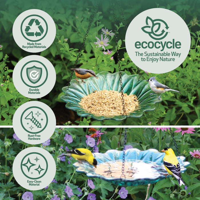 ECOCYCLE TURQUOISE DAHLIA HANGING BIRD BATH/FEEDER