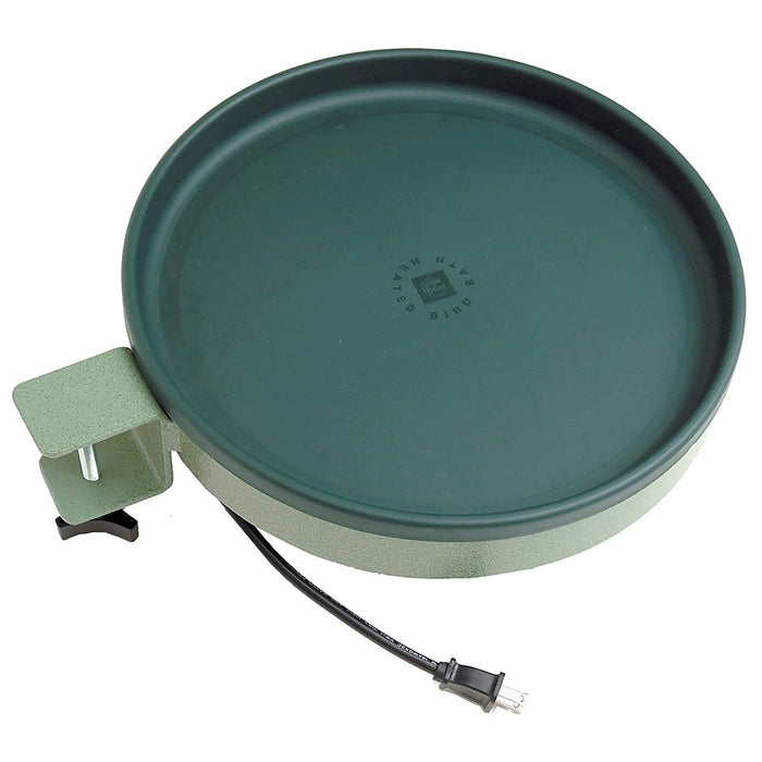 Farm Innovators Heated Bird Bath, 1 Quart Capacity, Outdoor Decor Shallow Bath Tray for Birds - Birdbath with Deck, Clamp, and Ground Mount Options