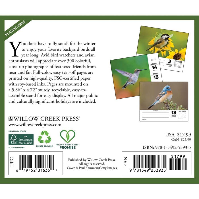 Willow Creek Press Backyard Birds Boxed 2026 Calendar
