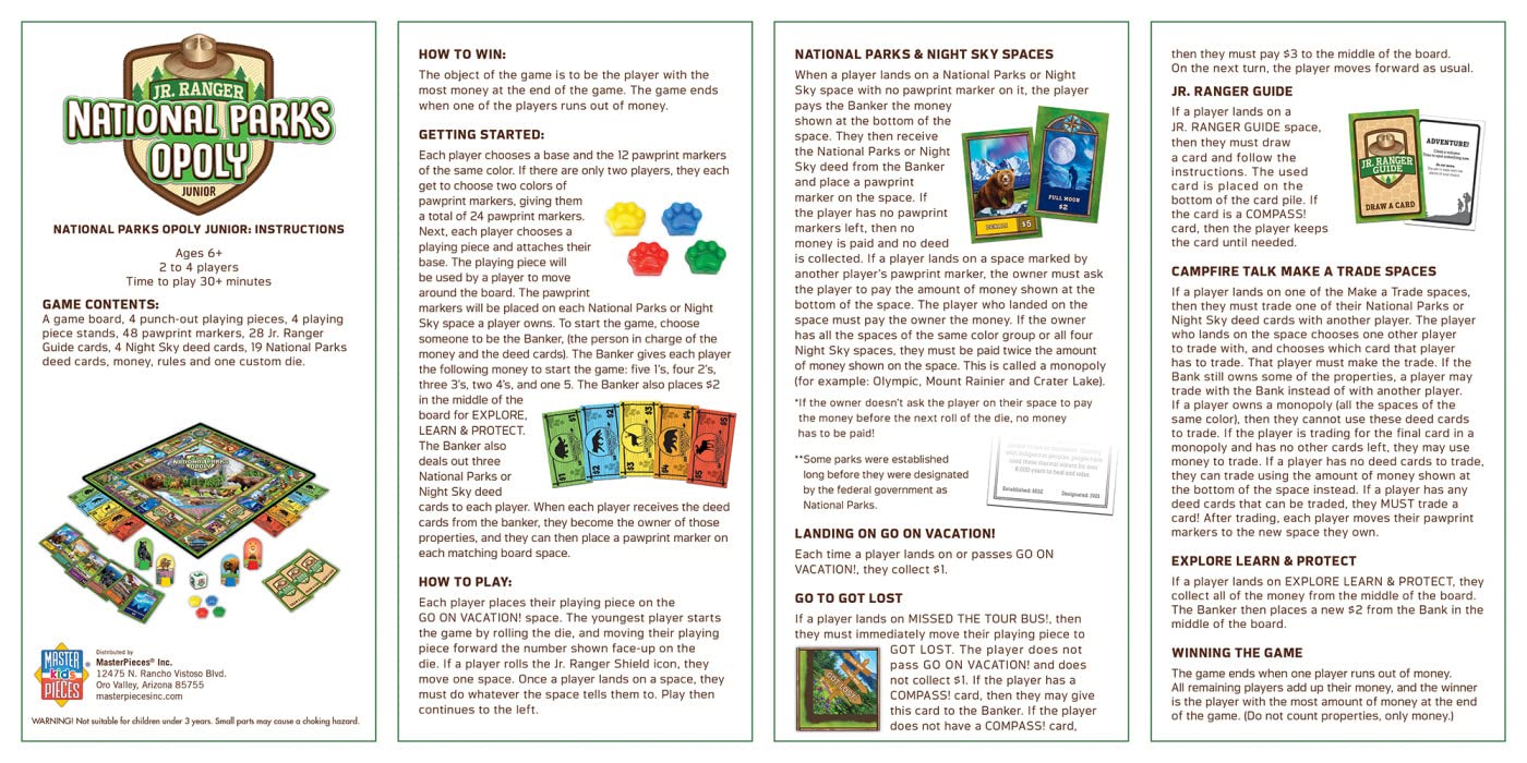 MasterPieces Puzzles Jr Ranger National Parks Opoly Board Game