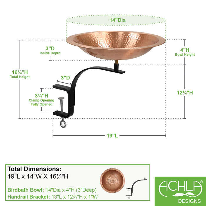 Achla Designs Hammered Solid Copper Birdbath- Rail Mount Bracket