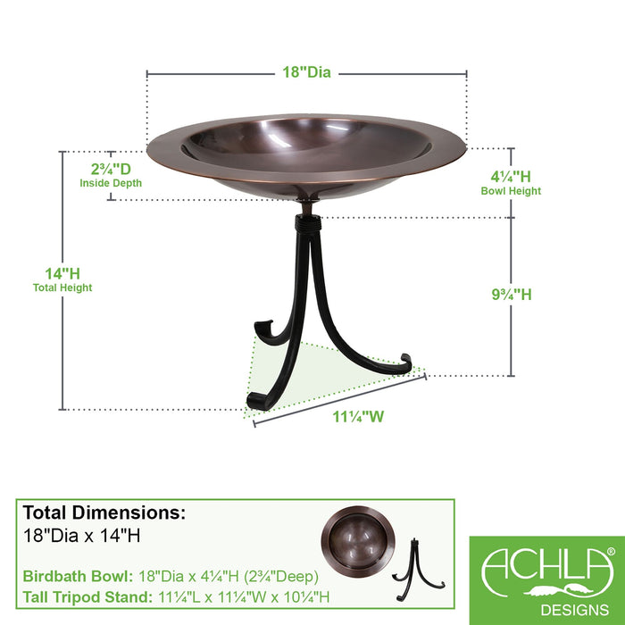 Achla Designs 18" Classic Copper Birdbath- Tripod Stand