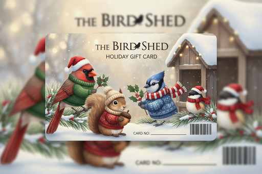 the bird shed gift card image with wildlife wearing holiday outfits