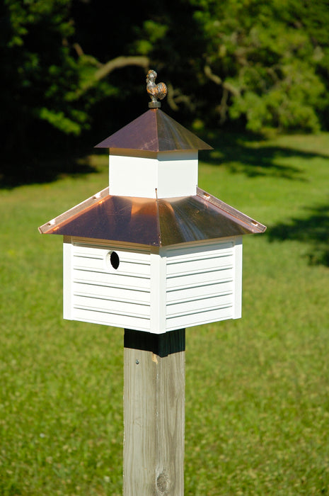 Rusty Rooster Bird House - White House with Bright Copper Roof