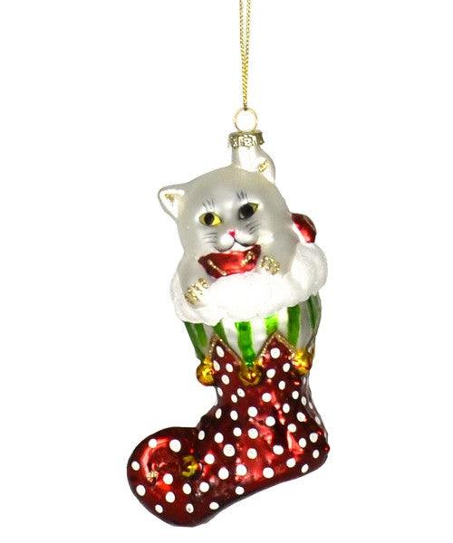 Jingle Bell Kitty White with Red Stocking Ornament