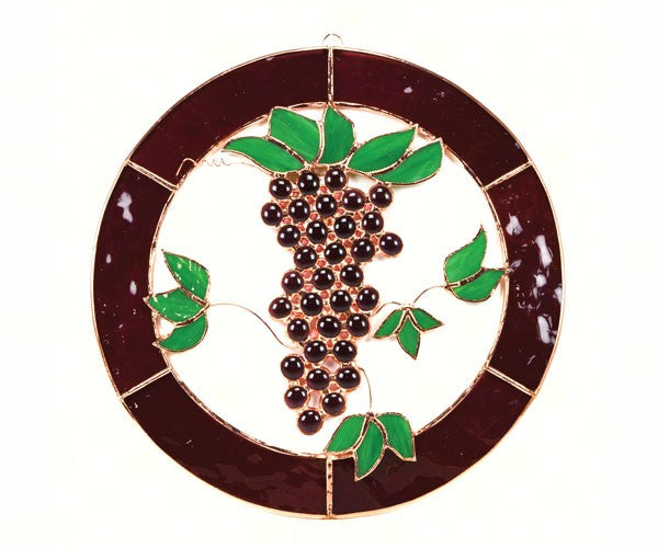 Stained Glass Small Grapes & Vines Circle Window Panel