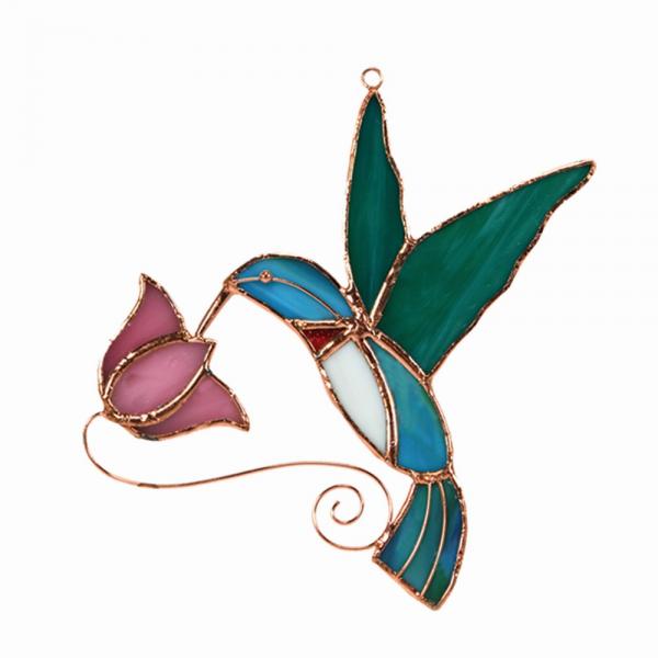 Stained Glass Hummingbird with Pink Flower Suncatcher