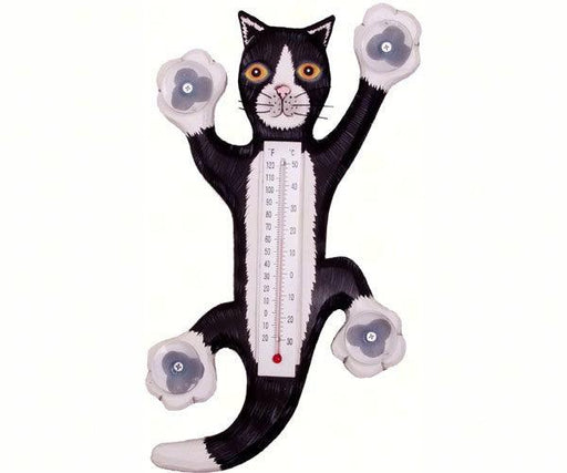 Climbing Black & White Cat Small Window Thermometer