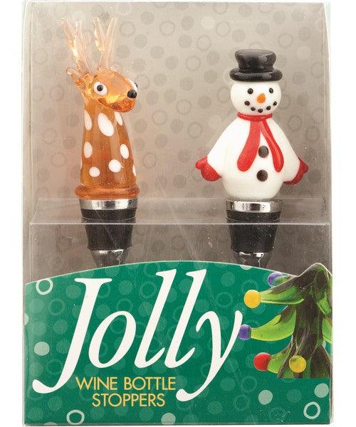 Glass Bottle Stopper Reindeer and Snowman