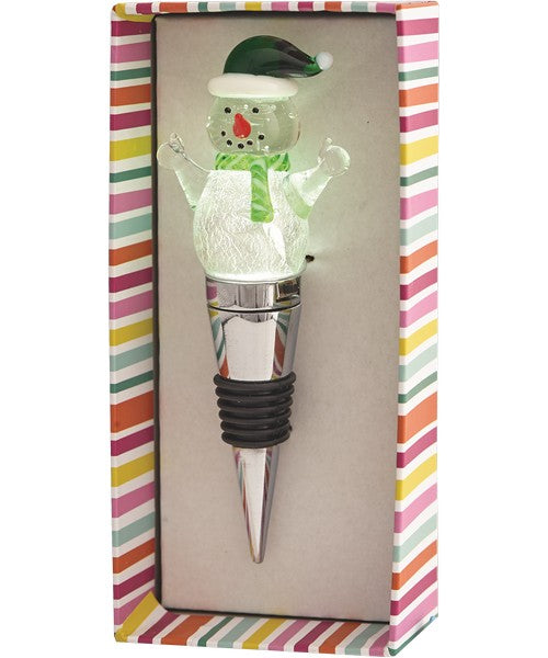 Snowman with Green Light-Up Glass Bottle Stopper