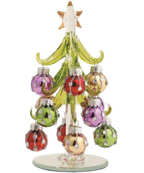 Green Glass Tree 6 Inch with Bright Ornaments