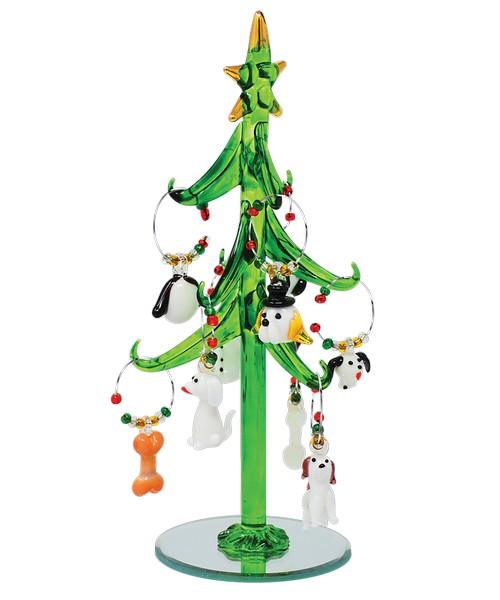 Green Glass Tree 8 inch with 9 Dog Wine Charms