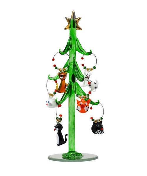 Green Glass Tree 8 inch with 9 Cat Wine Charms
