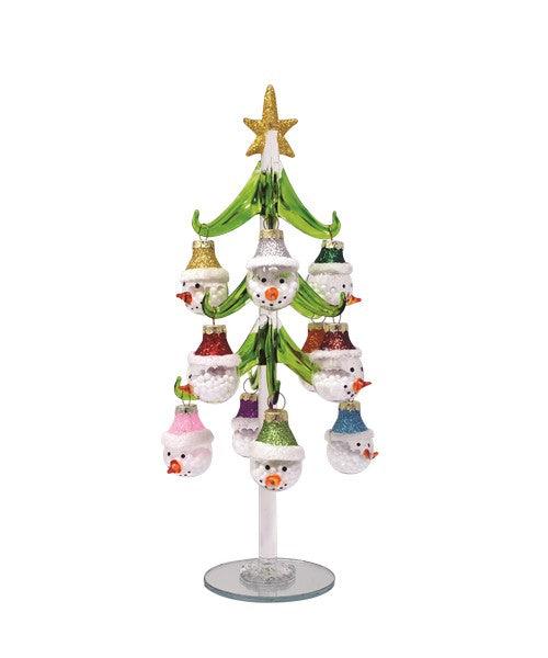 Green Glass Tree 10 inch with 12 Snowman Ornaments