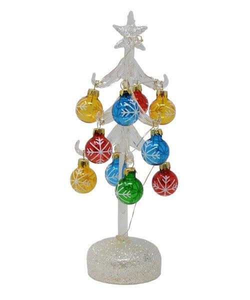 Clear Glass LED Tree 10 inch with 12 Snowflake Design Ornaments