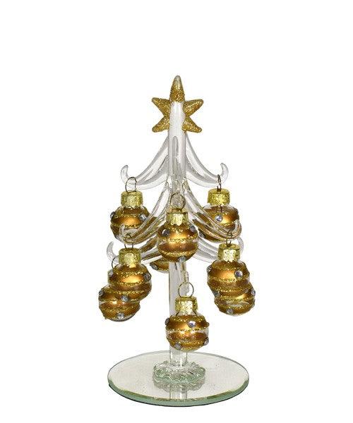 Clear Glass Tree 6 inch with 9 Champagne Colored Ornaments.