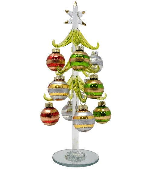 Green Tree - Red, Silver, Green, Gold Stripes 10 inch with 12 Ornaments GB