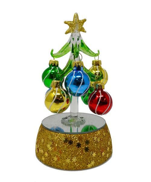 Green Glass LED Tree 6 inch with 8 Ornaments.