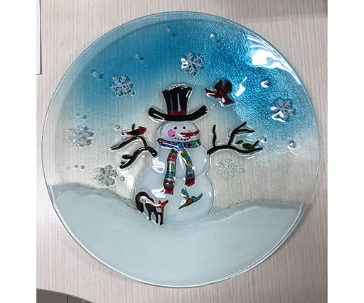 Snowman & Birds Glass Serving Platter