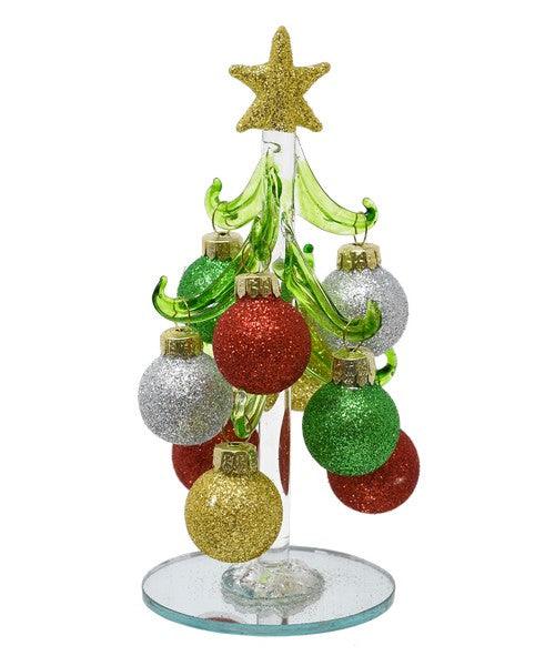 6"" Green Glass Tree with Glitter Ornaments