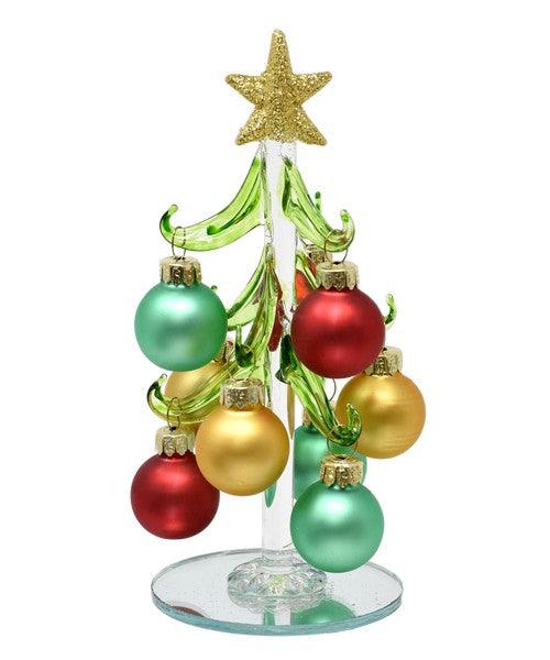 6"" Green Glass Tree with Green, Gold and Red Glossy Ornaments
